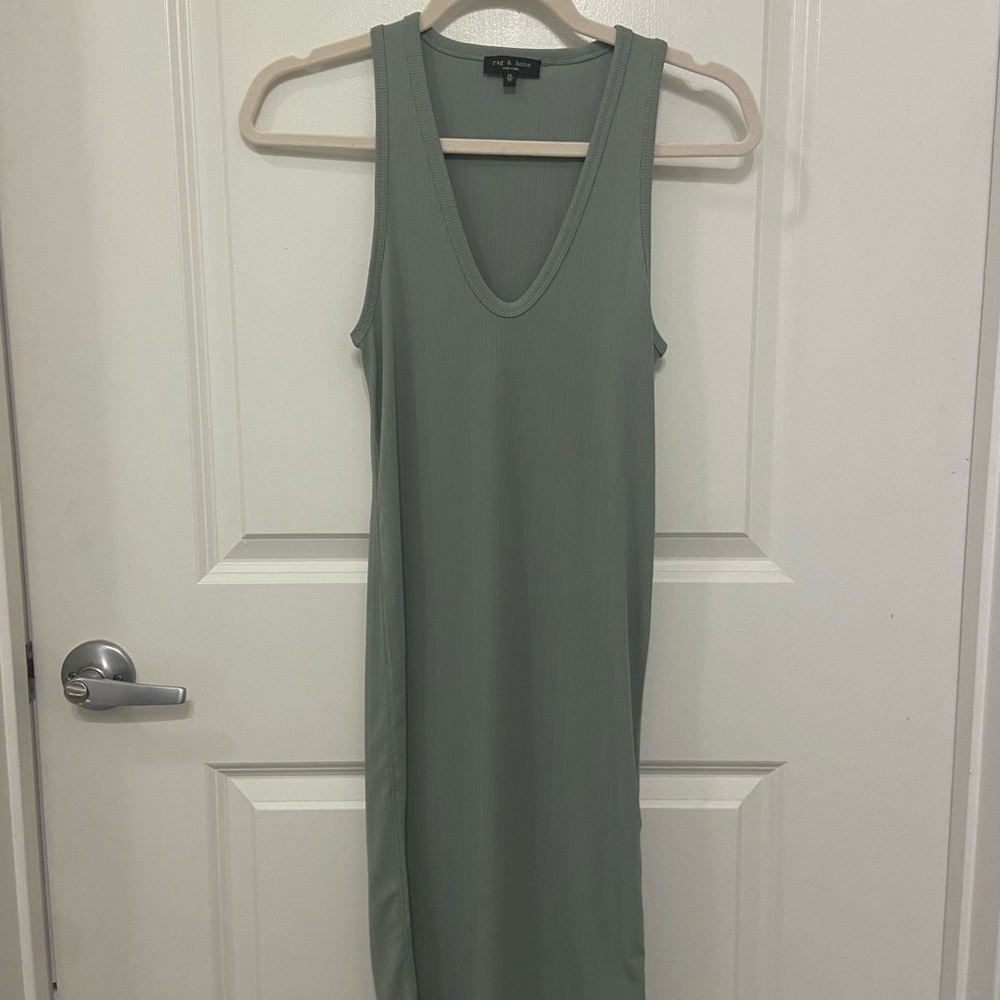 rag & bone Zoe deep v mini dress in sage green, size xs